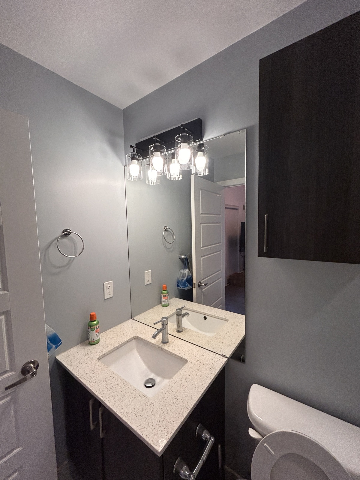 Finished bathroom vanity, sink and faucet