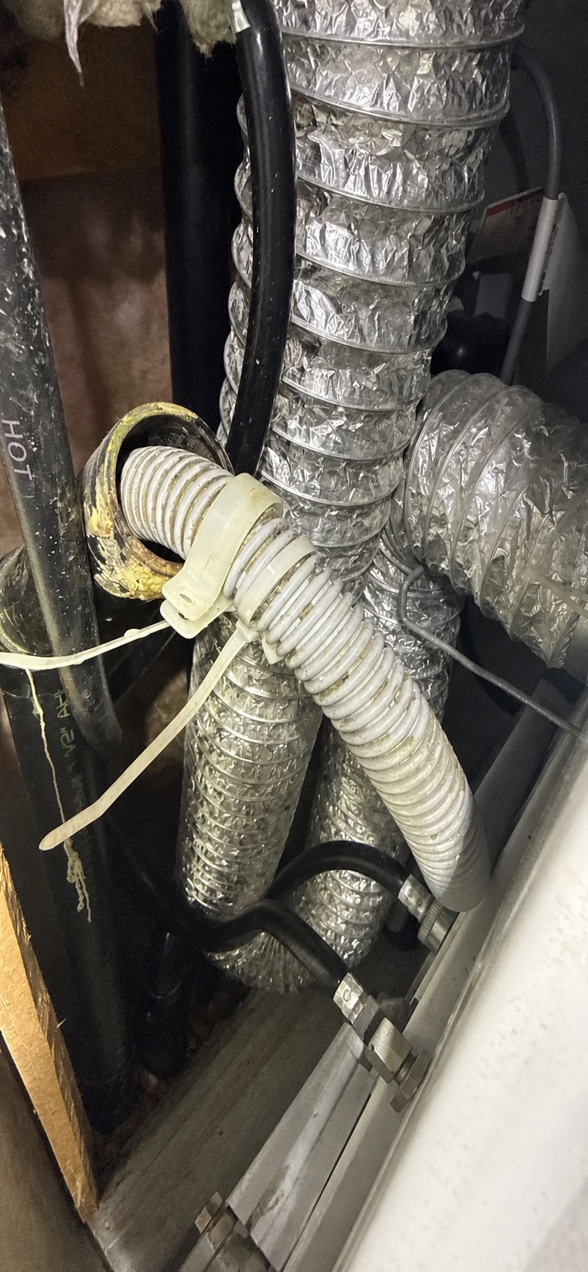 Customer-supplied close photo of a corrugated laundry drain hose entering a wall opening among visible hoses and ducts